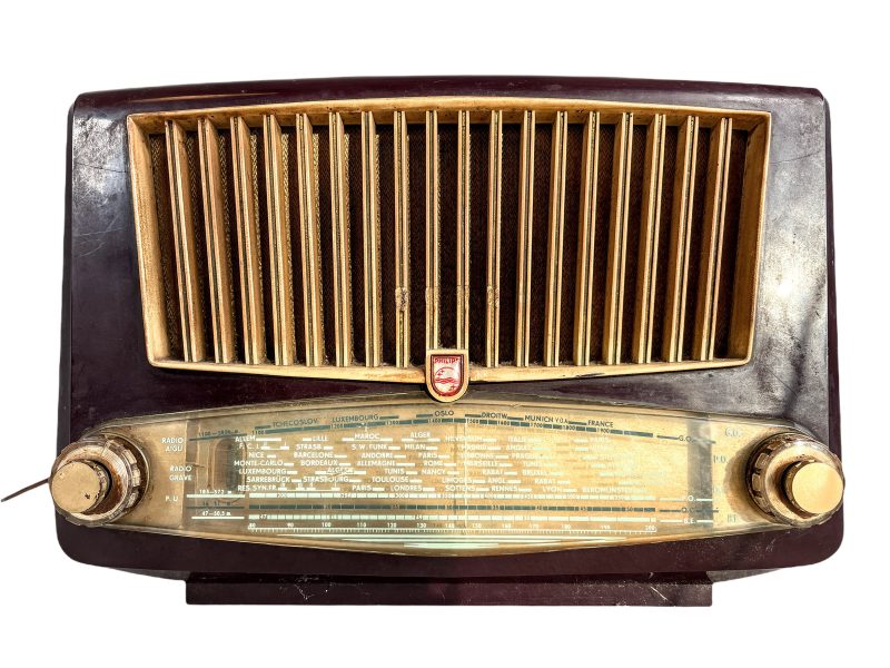 Vintage French Philips Radio Philips Wooden Bakelite Cased Case Speaker Movie Prop Project Display Period Piece circa 1950-60's