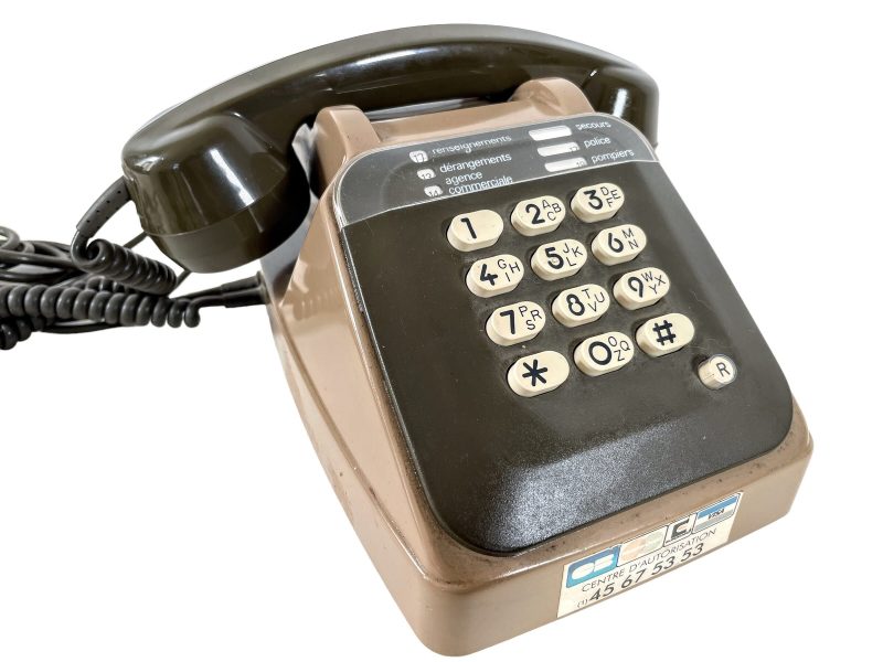 Vintage French Brown Push Button Telephone With Separate Earpiece For Second User circa 1970-80's