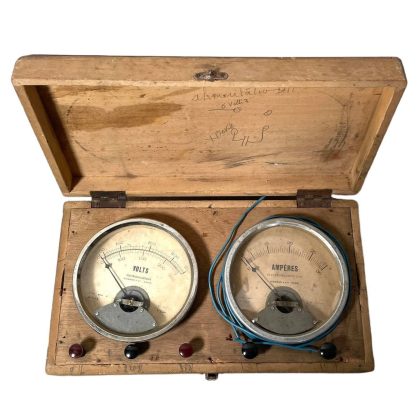 Vintage French Home Made Case Amp Amperes Voltage Meter electrical equipment wooden cased Paris circa 1950-60's / EVE