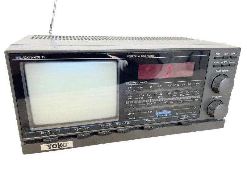 Vintage Hong Kong Yoko Black And White Portable Television TV Radio Alarm Clock 110-220v circa 1980's