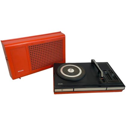 Vintage French Philips Orange Cased Record Player With Speaker circa 1970's