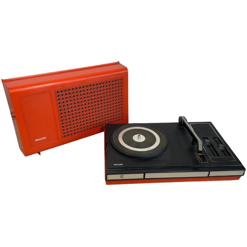 Vintage French Philips Orange Cased Record Player With Speaker circa 1970's