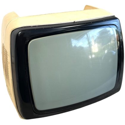 Vintage French Radiola Push Button Black And White Portable Television TV 12 Volt 220 Volt BROKEN Prop Only circa 1970's