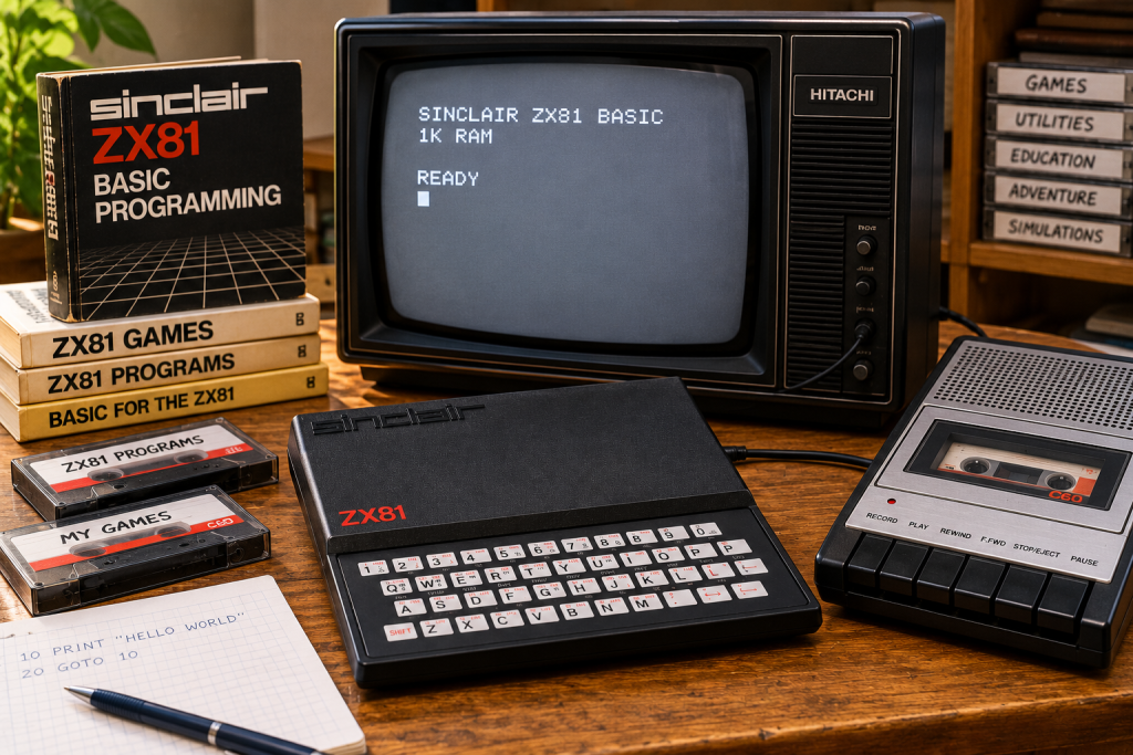 Sinclair ZX81 home computer connected to a CRT television and cassette recorder, with BASIC programming manuals, cassette tapes and a notebook showing a simple BASIC program.