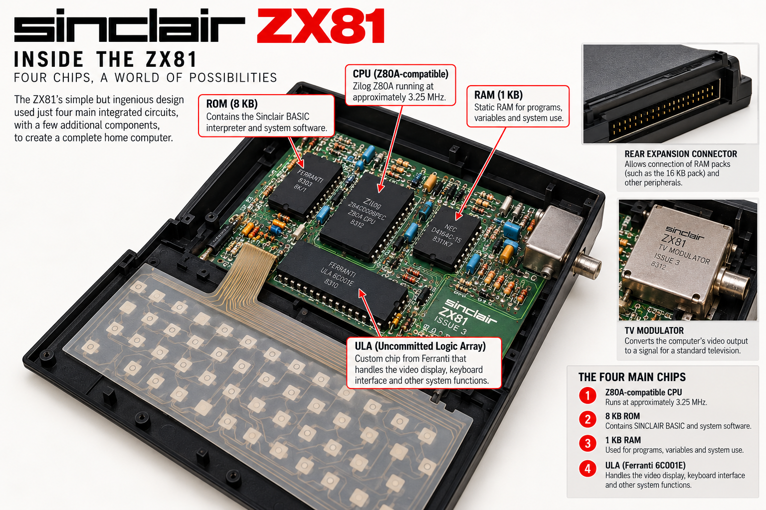 Technical illustration of an opened Sinclair ZX81 showing its circuit board, processor, 8 KB ROM, 1 KB RAM, Ferranti ULA, keyboard membrane and rear expansion connector.